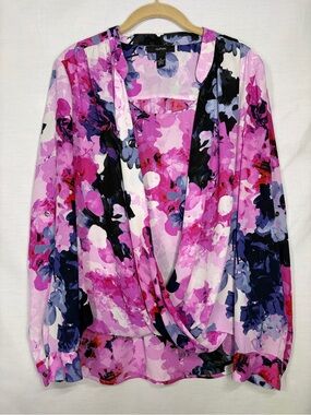 Alfani Colorful Pink Purple Floral Layered Blouse Long Sleeve Career Top Size 12